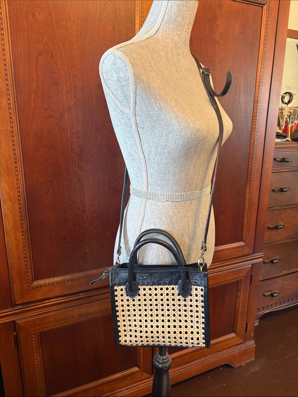 Voyage Woven Cane Satchel with Black Leather Trim - Versatile Crossbody
